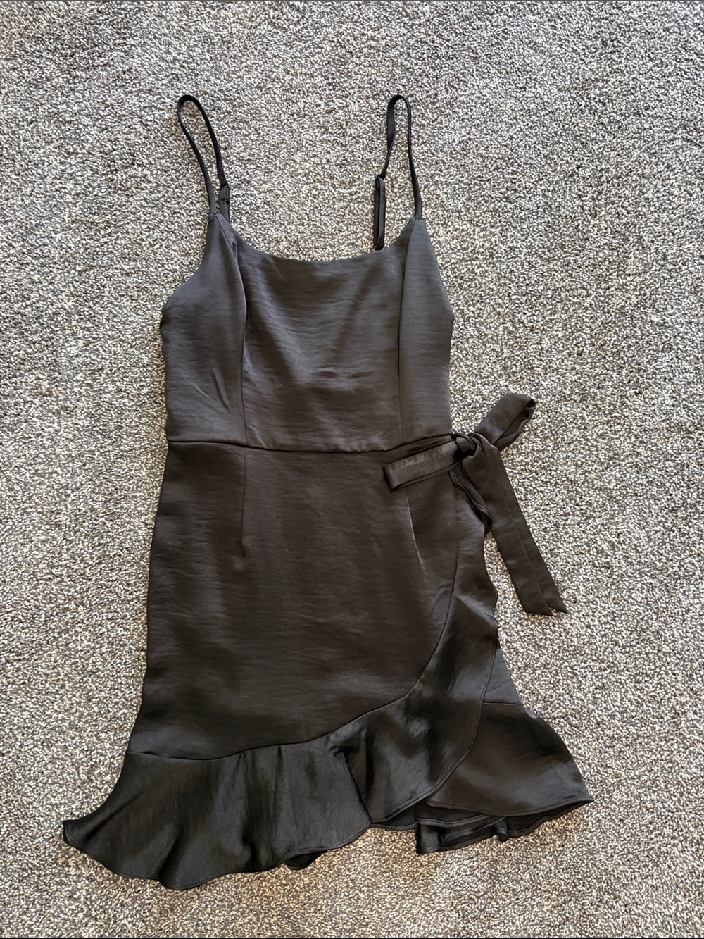 wild fable Black Ruffle-Hem Slip Dress with Tie Waist